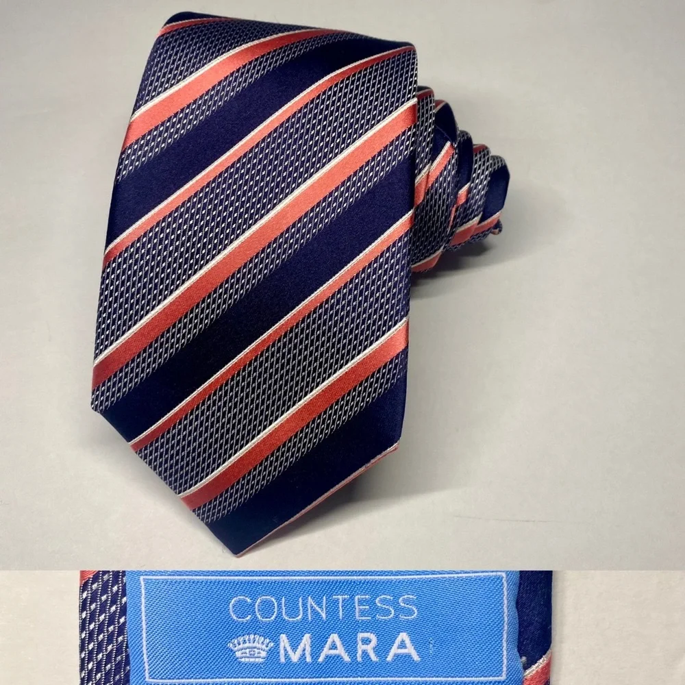 Countess Mara Blue & Salmon Silk Classic Striped Tie 3.75” x 60”